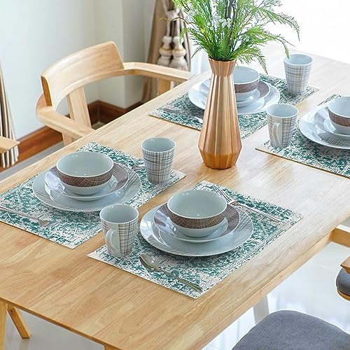 Image of Gray Teal Boho Placemats Set of 4 Ethnic Bohemian Carpet Place Mats Washable Kitchen Dining Vintage Grey Geography Floral Linen Table Mats Stain Heat-Resistant Cloth Tabel for Home Party 12x18 in