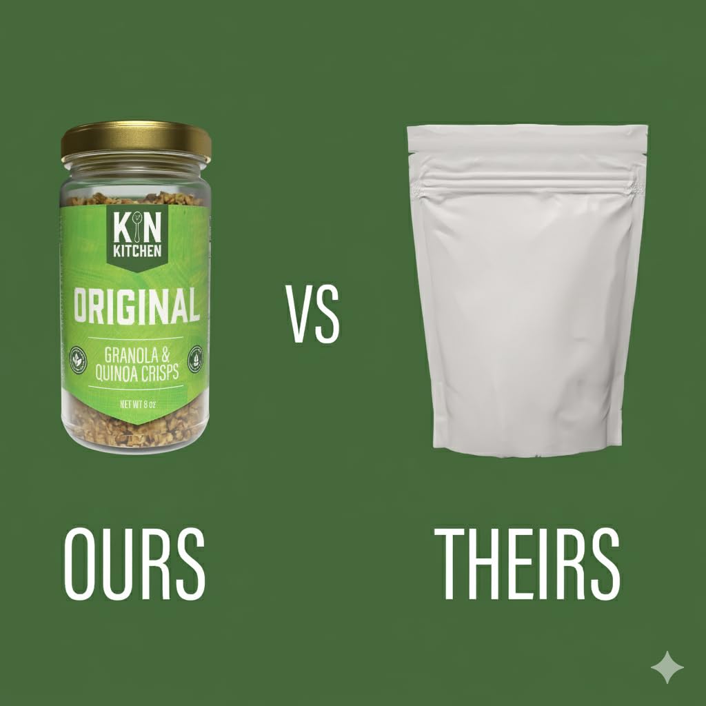 Kin Kitchen non-GMO Granola & Organic Quinoa Crisps, in a Glass Jar Recyclable and Resusable. Made with Real Fruit. No Artificial Colors, Flavors, or Perservatives. Great for Snacking, Cereal, on top of Yogurt or Smoothies, or Overnight Oats. Variety Pack (4PK) (Original, Blueberry, Mango, Coconut).