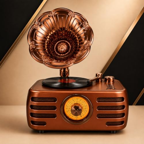 Image of Fire turtle Vintage Bluetooth Speaker with FM Radio & Retro Vinyl Record Player Design, Wireless Portable Music System with USB, TF Card, AUX, HD Sound & Classic Home Decor