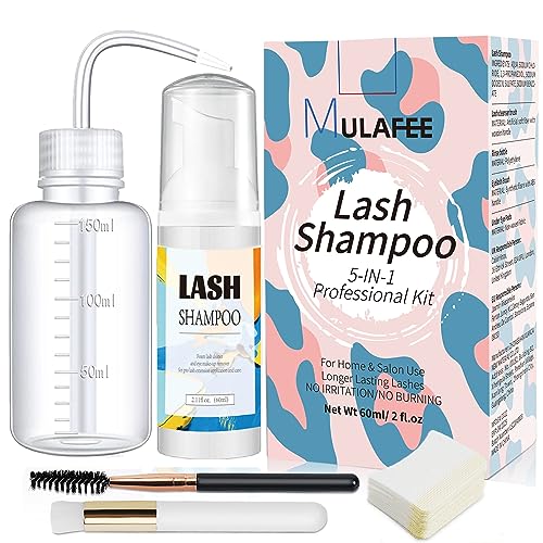 MULAFEE Eyelash Extension Cleanser, Lash Extension Shampoo Kit, Oils, Paraben & Sulfate Free Foaming 60 ML Eyelash Shampoo with Rinse Bottle and Soft Brush Safe for Salon Use and Home Care