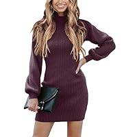 ANRABESS Minivestido curto feminino de manga comprida com gola redonda e gola canelada stretch slim ajustado ao corpo, Roxo escuro, P