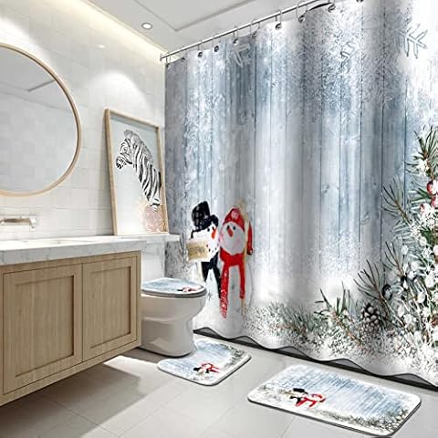 Christmas Shower Curtain Set 4PC with Christmas Shower Curtain with Toilet Lid Cover and Bath Mat, Christmas Still Life Decoration with Snowman Christmas Bathroom Set Winter Holiday Home Decor Cover