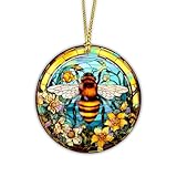 ROISEPOSIE Bee with Flower 4' Vinyl Holographic Hanging Christmas Ornaments - Christmas Decoration for Home, Sun Catcher Gift, Christmas Tree Decor, Coquette Floral Animal Gift for Women Man Bee Lover