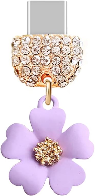 TP87 Puerto de carga tipo C Tapón antipolvo de cristal Pequeña flor Teléfono celular Charm para Samsung/OnePlus/Xiaomi/oppo Teléfono Android iPhone 15/16 (morado)
