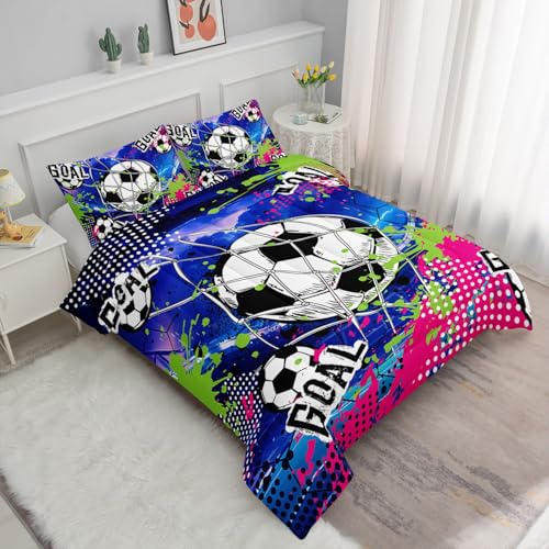 Image of Soccer Comforter Set Sport Themed Graffiti Printed Bedding Set with 1 Comforter and 2 Pillowcases for Boys and Girls Bedroom All Season(Soccer Queen)