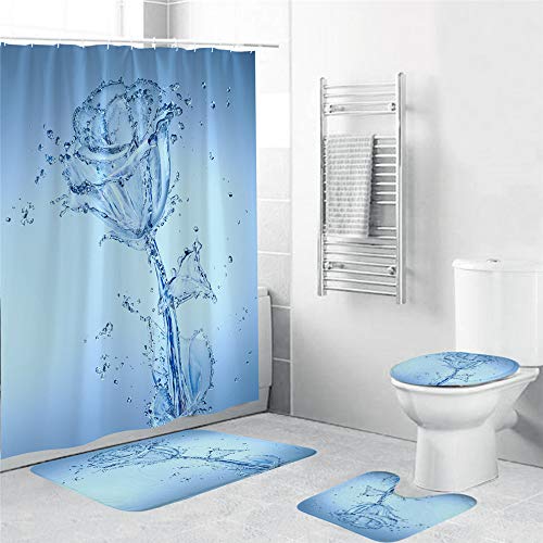 FNMDP Duschvorhang Sets Blumen 4 Stück, Toilettendeckel Cover, Badvorleger Und 12 Metallhaken, Duschvorhang Durable Wasserdicht Badvorhang,Set of 4