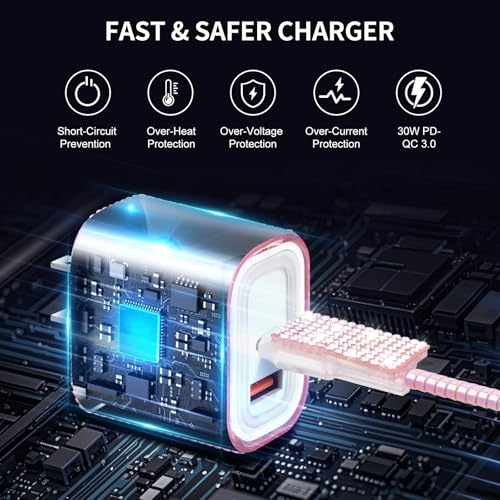 Image of Aolcev for iPhone Charger Fast Charging Bling USB C Wall Charger Block 30W Type C Cord Fast Charging Blocks with USB C Cable for iPhone 17 16 15 Pro Max iPad Galaxy S26 Bling Phone Charging Pink
