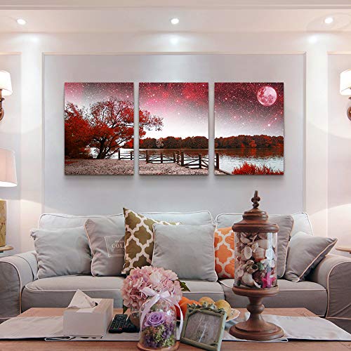 Image of Wall Art for living room Canvas Prints bedroom Wall Decor for bathroom artwork Abstract Painting Red tree moon landscape paintings 16 inch x 24 inch 3 Pieces Modern framed office Home decorations for kitchen