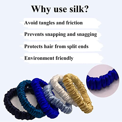 Image of VLOMOT 6 Pcs Set 100% Pure Mulberry Silk Hair Scrunchies Hair Ties with 6 Chic Colors Everyday Skinny Scrunchies Silk Ponytail Holders Hair Care No Damage (Blue)