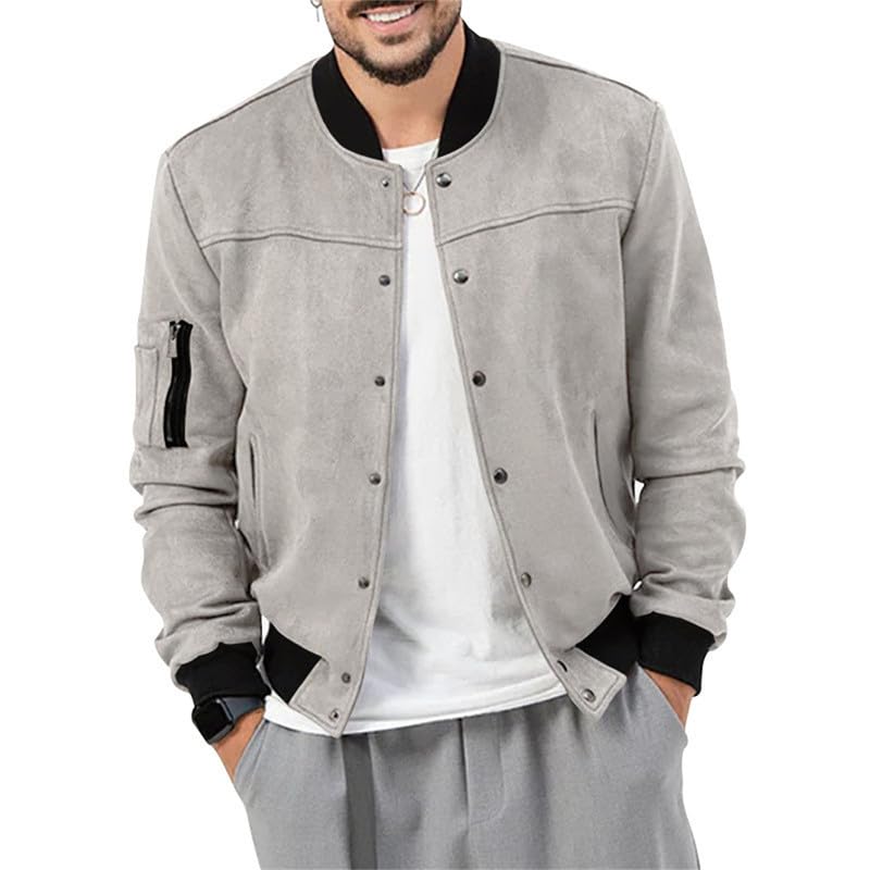 Image of Mens Faux Suede Bomber Jacket Varsity Jacket Windbreaker Vintage Casual Lightweight Leather Coats Jackets