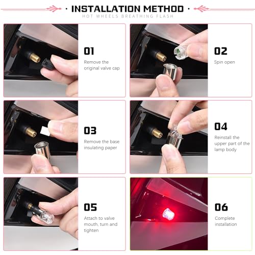 Fluher 6 PCS Car Tire Valve Light, Cool Modified Night Light Safety Shock Sensor Flash Light, Waterproof Tire Valve Stem LED Light Cap, Universal Wheel Decoration Accessory for Car Motorcycle (Red) - Thumbnail 6