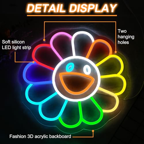 Image of Smiling Sunflower Neon Sign for Wall Decor, LED Neon Wall Art for Room Decor Aesthetic, Cute Rainbow Flower Neon Light Sign, Inspirational Positive Gifts for Friends, 14 inchx13.8 inch