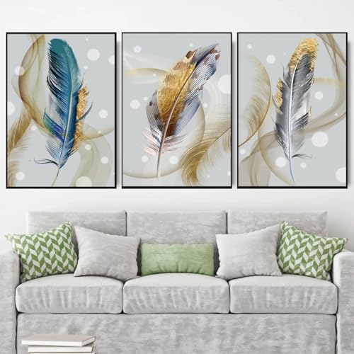 Impressions sur toile salon moderne avec grandes plumes dorées - 3