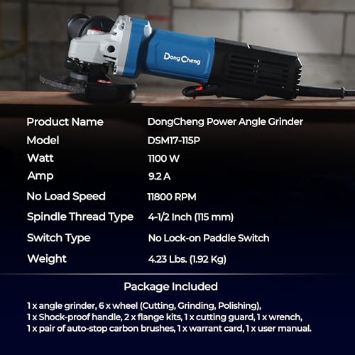 DongCheng 9.2 Amp Power Angle Grinders, 4-1/2 in., 11800RPM, Tool-Free Guard, Electric Metal Grinder Tool, Small Corded Angle Grinder, Paddle Switch, Shockproof Handle for Cutting, Grinding, Polishing thumbnail 9