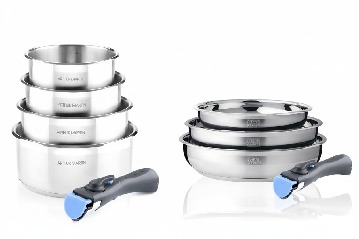 ARTHUR MARTIN - Batterie De Cuisine Inox 9 Pièces - 5 Casseroles Ø Variés - 2 Manches Amovibles - Couvercles Verre Ergonomiques - Compatible Induction - Ensemble Pratique Et Compact