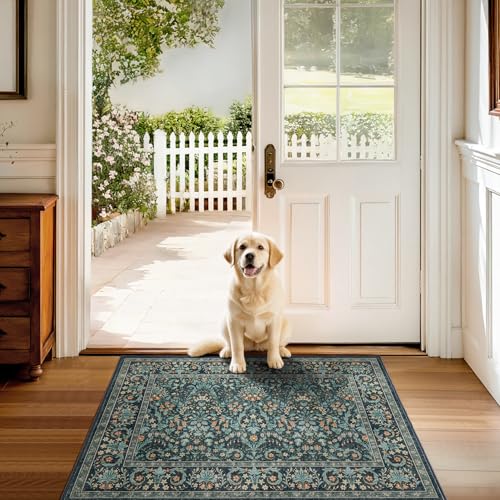 Woaboy Washable Entry Rug 2x3 Front Door Throw Rugs Vintage Floral for Entryway Kitchen Bathroom Door Mat Indoor Entrance，Non-Slip Low Pile Stain Resistant Soft Dark Green/Navy/Black — view 2