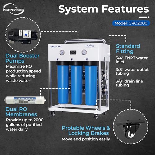 Image of iSpring CRO2000 4-Stage Tankless Commercial Reverse Osmosis Drinking Water Filtration System w /Dual Pumps, Pressure Gauges, and Freestanding Stainless Steel Bracket, 2000 GPD