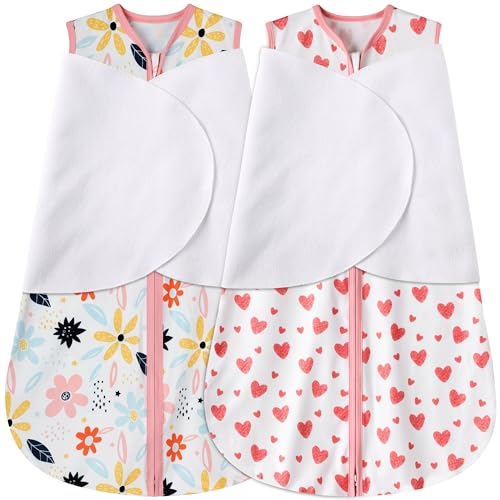 Image of BSTOPPT Newborn Sleep Sack Baby Swaddle,3-6 Months,3-Way Adjustable Wearable Blanket,100% Rayon Cotton Swaddling Sleeping Bag，TOG 0.5（Heart&Floral）