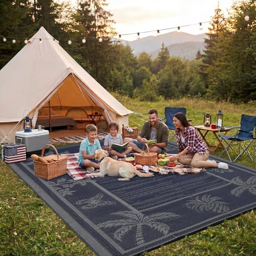 GarveeHome Outdoor Rug 9x12 Patio Waterproof Reversible, Tropical Plants Indoor Outdoor Rugs, Large Plastic Straw Mat Carpet for Camping, RV, Deck, Balcony, Picnic, Backyard, NavyGrey