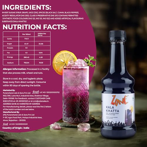 Image of Zone Kala Khatta syrup 300ml | Nostalgic Tanginess with a Modern Twist | Ideal for Mocktails, Cocktails, Lemonades, Iced Teas & More | 35+ Flavours