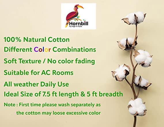 Image of Hornbill Enterprises 100% Pure Cotton Blanket /Single Size Solapur Cotton Chaddar /Bedsheet /Reversible Blanket for Daily use (60x90 inches) Set of 1 (Blue Black)