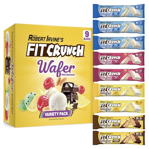 FITCRUNCH Wafer Protein Bars, 16g of Protein & 1-3g of Sugar (9 Bars, Variety Pack)