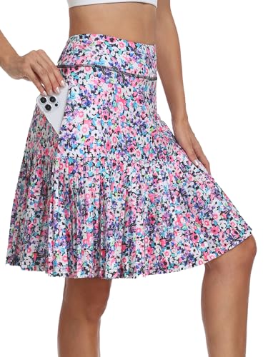 KORALHY 21" Golf Skorts with Pockets Pleated Tennis Skirts with Shorts Knee Length Skort for Athletic, Workout, Casual Wear Purple Floral XXL