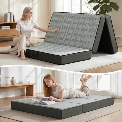 6" Trifold Mattress Queen Size, Thick Memory Foam Futon Topper with Portable Handles & Removable Washable Cover, Floor Sofa Bed with Non-Slip Bottom for Camping Pad, Guest Bed, Yoga , Rv (Grey)