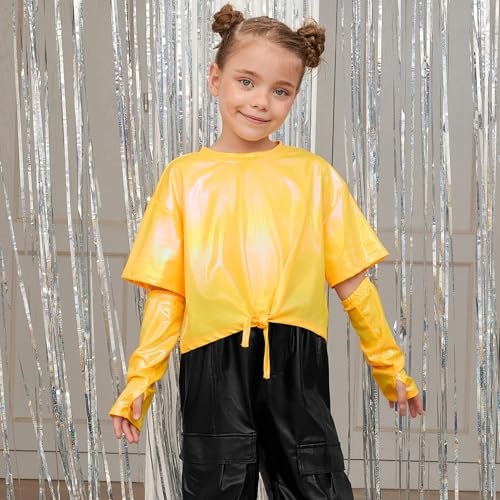 Image of Perfashion Girls Metallic Shirts Shiny Tie Front Knot Crop Top with Arm Sleeves for Dancing Raves Festivals 4-15 Years