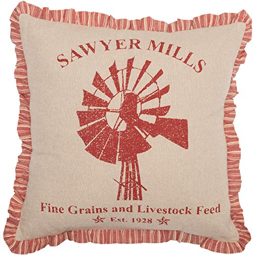 VHC Brands Farmhouse Sawyer Mill Chambray Windmill Square Pillow Red 18×18