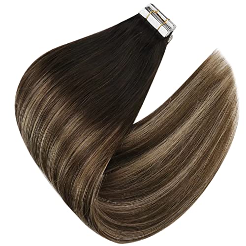 Sunny Tape In Hair Extensions Human Hair Ombre Tape In Natural Hair Extensions Natural Black Roots To Dark Brown Mixed Ash Blonde Human Hair Extensions Tape In Ombre For Women 50G 20Pcs 16Inch #TOP6