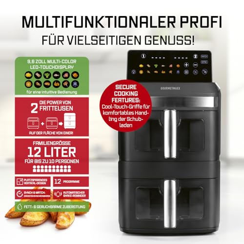 GOURMETmaxx FryUp XL vertikale Doppelkammer Heißluftfritteuse mit Sichtfenster - 12 L | Airfryer mit 9,6 Zoll Multi-Colour LED-Touchdisplay & 12 Programmen | Heißluftfritteuse 2 Kammern mit Oberhitze 3