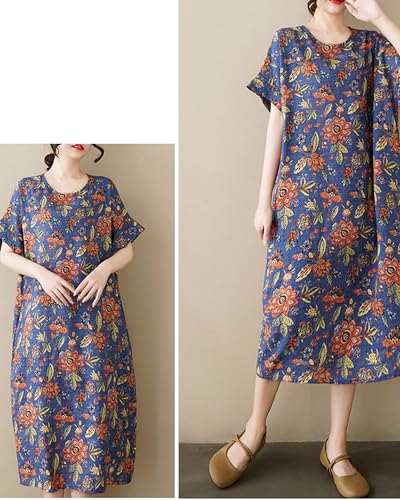 Image of LUZU JUNU Women's Summer Baggy Plus Size Loose Cotton Linen Long Boho Beach Dress with Pockets