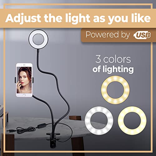 Retoo LED Ringlicht mit Stativ Selfie-Licht, Selfie-Lampe Schwanenhals Klemmlampe Handy Selfie Ring Licht Tisch Ringleuchte Live-Stream Makeup Fotografie YouTube Vlogs Dimmbare Tischringlicht 4'