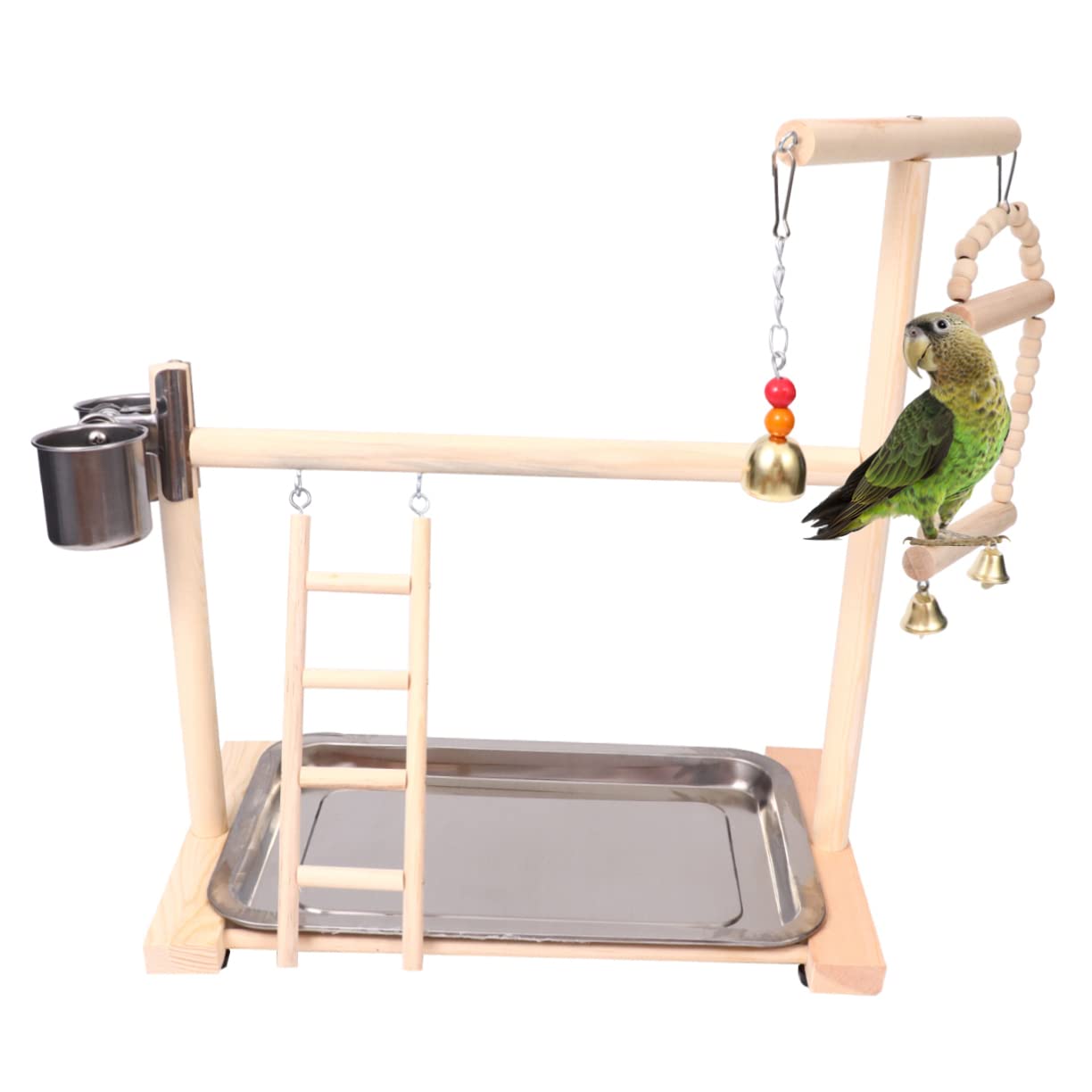 Hohopeti Area Giochi per Pappagalli in Legno Scala e Altalena | Ciotola in Acciaio Inox, Pendente Campanella, per Gabbia e Giardino Colore Casuale