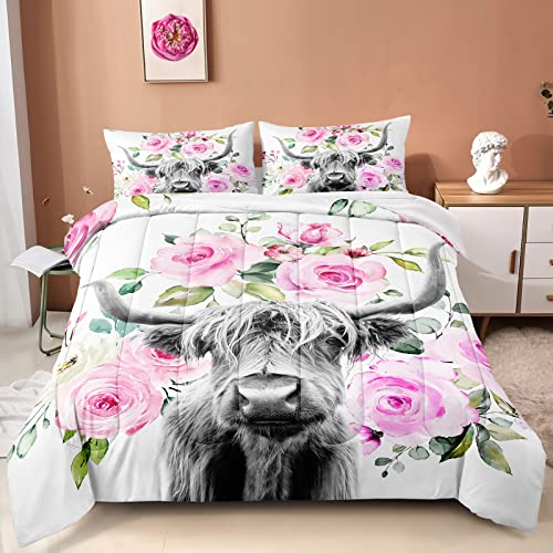 Bducok Highland Cattle Flower Comforter Set King Size,Bull Cattle Bedding Set For Girls Kids Boys Teens Room Decor Wildlife Farmhouse Rose Comforters Set ,Highland Cow 30015 King #TOP1