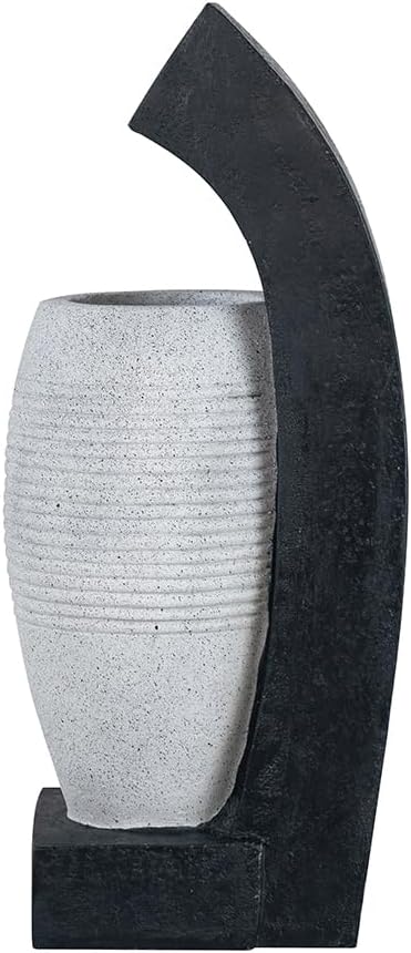 Sculptural Indoor Outdoor Water Fountain with Bowl Basin, (Black White + Polyresin + Contemporary + Minimalist + Modern)