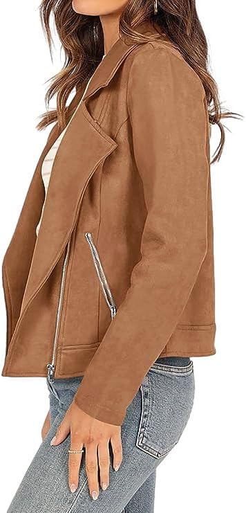 Women's Faux Suede Jacket 2024 Fall Long Sleeve Zipper Lapel Cropped Coat with Pockets Y2K Moto Jackets Outwear - Image 4