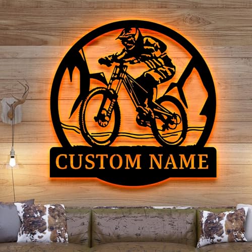 Image of Personalized Downhill Mountain Biking Monogram Metal Sign Art LED Light, Custom Mountain Biking Metal Sign, Lover Sign Decoration For Living Room