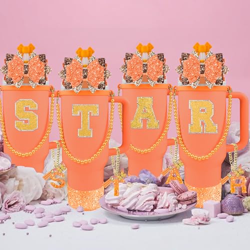 Hpebl 9PCS Orange for Stanley Cup Accessories Set Bling Initials Bow Charms for Stanley Decorations 30/40 Oz Tumbler Accessories Including Bow Straw Topper, Handle Strap, Spill Stopper(Letter L) - image 7