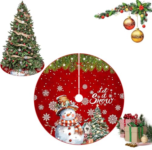 Huifengjie - Jupe Sapin De Noël 120cm, Couvre Pied Rond Rouge avec Flocon Et Bonhomme De Neige, Tapis pour Décorations De Vacances De Fête - -25%