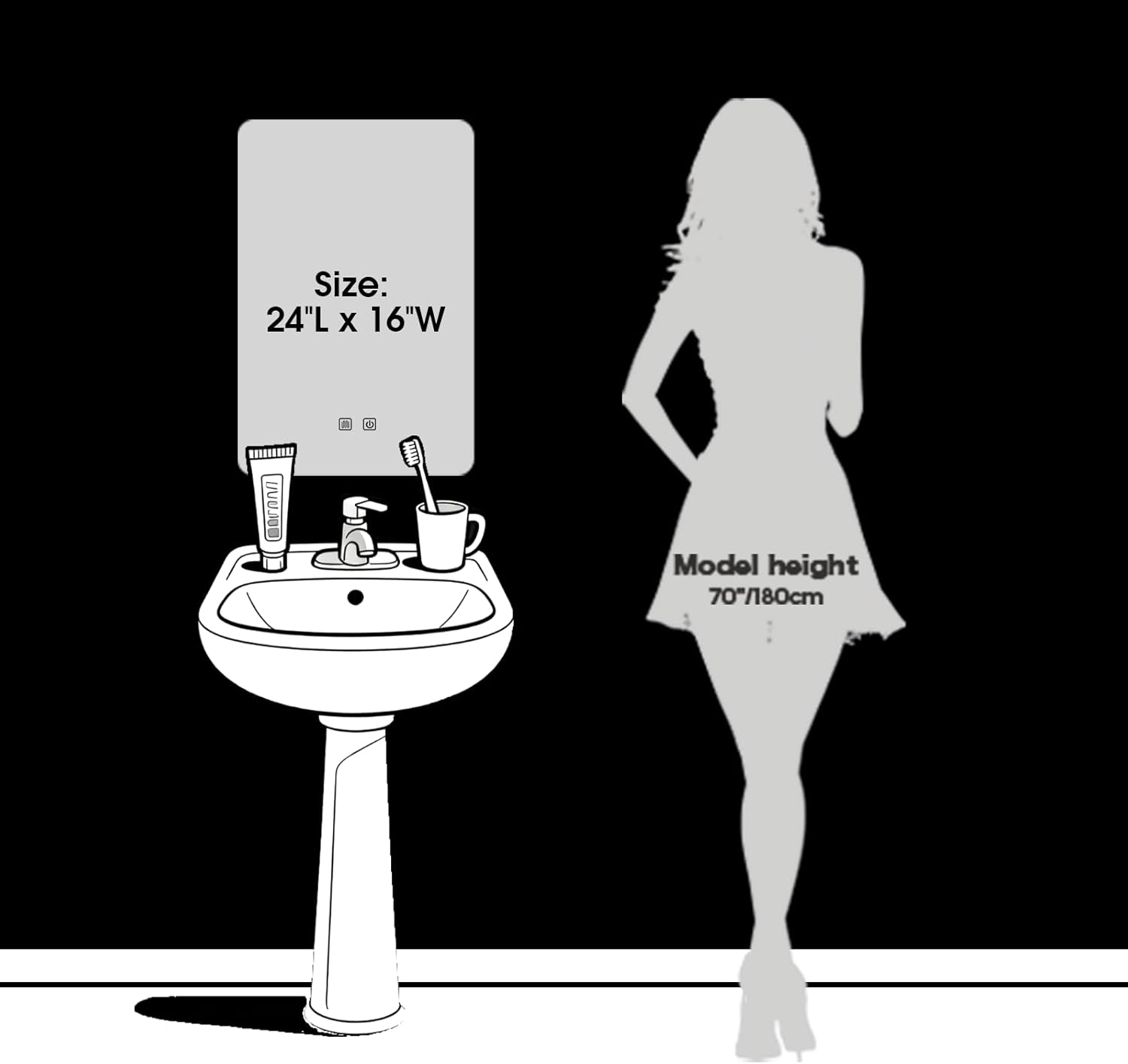 LED Bathroom Mirror, 16 x 24 Inch Anti-Fog Bathroom Mirror with Lights, Stepless Dimmable Lighted Bathroom Mirrors for Wall, Rectangle Bathroom Vanity Mirror with Front and Backlight, Vertically Only