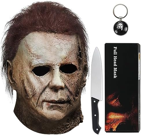 Noufun Michael Myers Maske für Erwachsene - Halloween Kills 2021, Vollkopfmaske Halloween Horror Gesicht Kopfbedeckung Latex Gummi mit Haaren, Inklusive Messer und Schlüsselanhänge