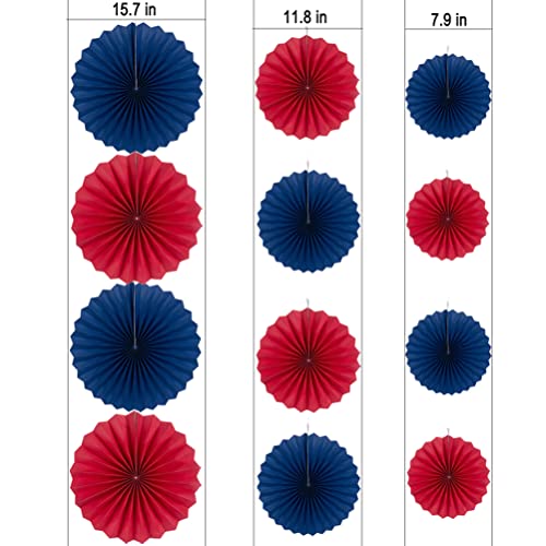 Image of MOWO Royal Blue and Red Paper Fans Party Decoration, 12pc | Wall Background, Ceiling Hanging Decoration, 4th July Independence Day, birthday graduation retirement party decoration