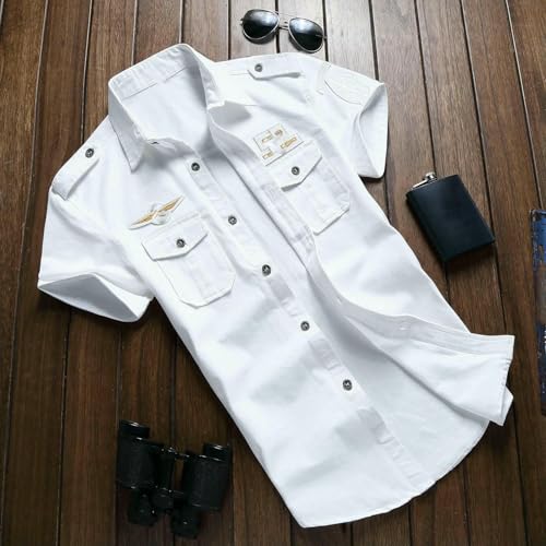 Summer Men's Cotton Solid Color Casual Cargo Shirt Male Short Sleeve Multi Pocket Work T-Shirt Man Clothing4