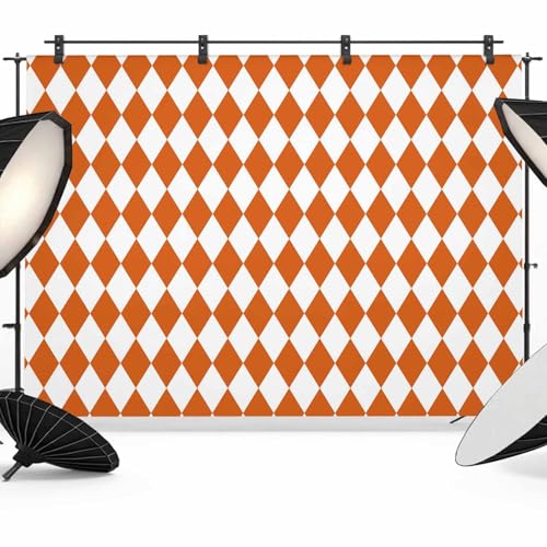 Orange Diamond Plaid Backdrops for Photography, White Geometric Check Abstract Modern Fabric Photo Background Sturdy Studio Props for Photo Studio, Video Recording, Booth & Photoshoot 7x5ft