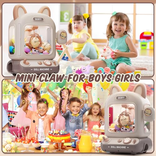 Skirfy Mini Claw Machine for Kids,Vending Machine, Prize Dispenser Toys for Girls and Boys, Electronic Arcade Game for Party Birthdays Includes 32 Mini Toys(Brown)