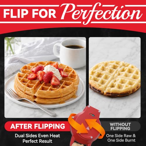 Image of SugarWhisk 6-Inch Flip Belgian Waffle Maker, Ceramic Nonstick,Red | 180 Flip Waffle Iron, 750W Heat, PFAS-Free Ceramic Plates, Cool-Touch Handle, Safety Lock, Batter Groove & Upright Storage