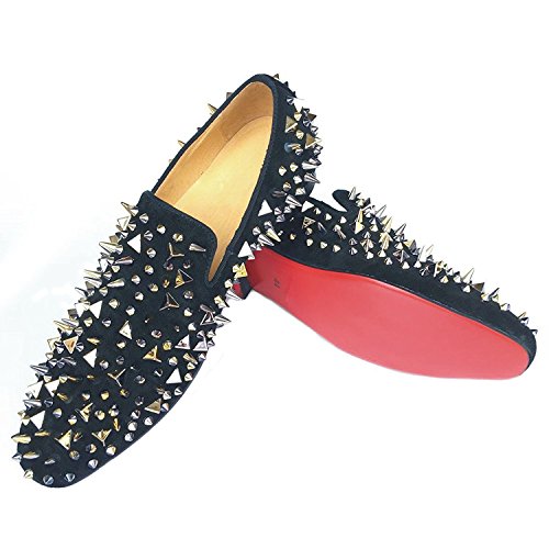 Justar Men's Black Leather Loafers Slippers With Gold Spikes Dress Shoes Slip-On Flats Party Shoes (12) #TOP1