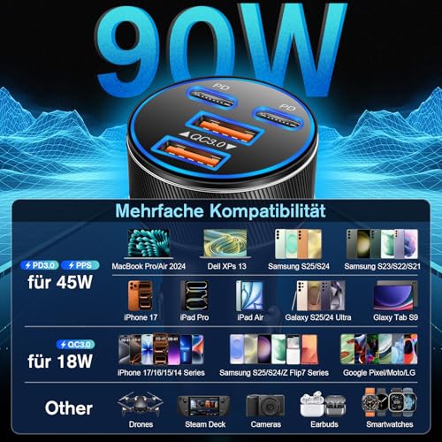 Abetcabe Zigarettenanzünder USB C, 90W 4 in 1 USB C Auto Ladegerät PPS PD 45W, 12V/24V kfz Ladegerät, kompatibel für iPhone 17 16 15, Galaxy S25/S24/S23, Pixel, Tablet (2-Pack)